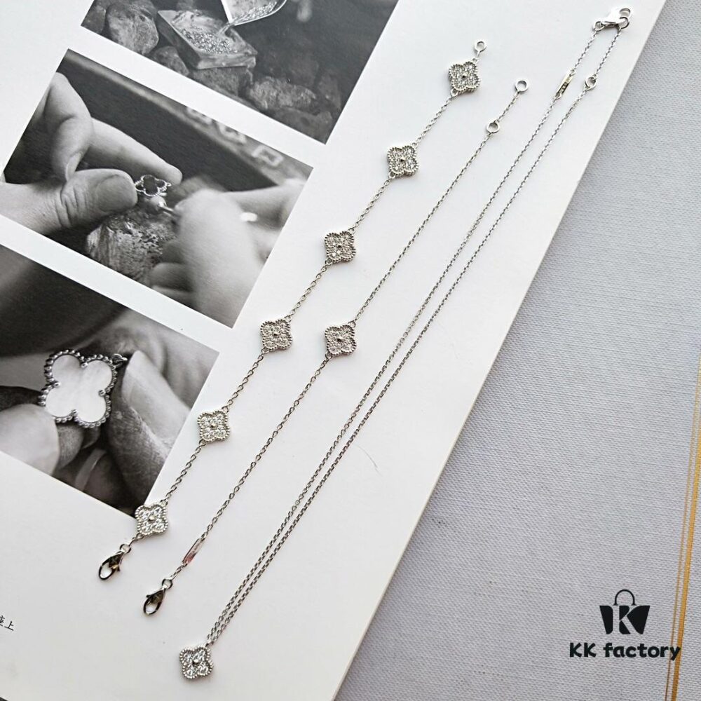 Mini Four-Leaf Clover Full Diamond Set, V Gold Plated Bracelet and Necklace with Single or Six Flowers