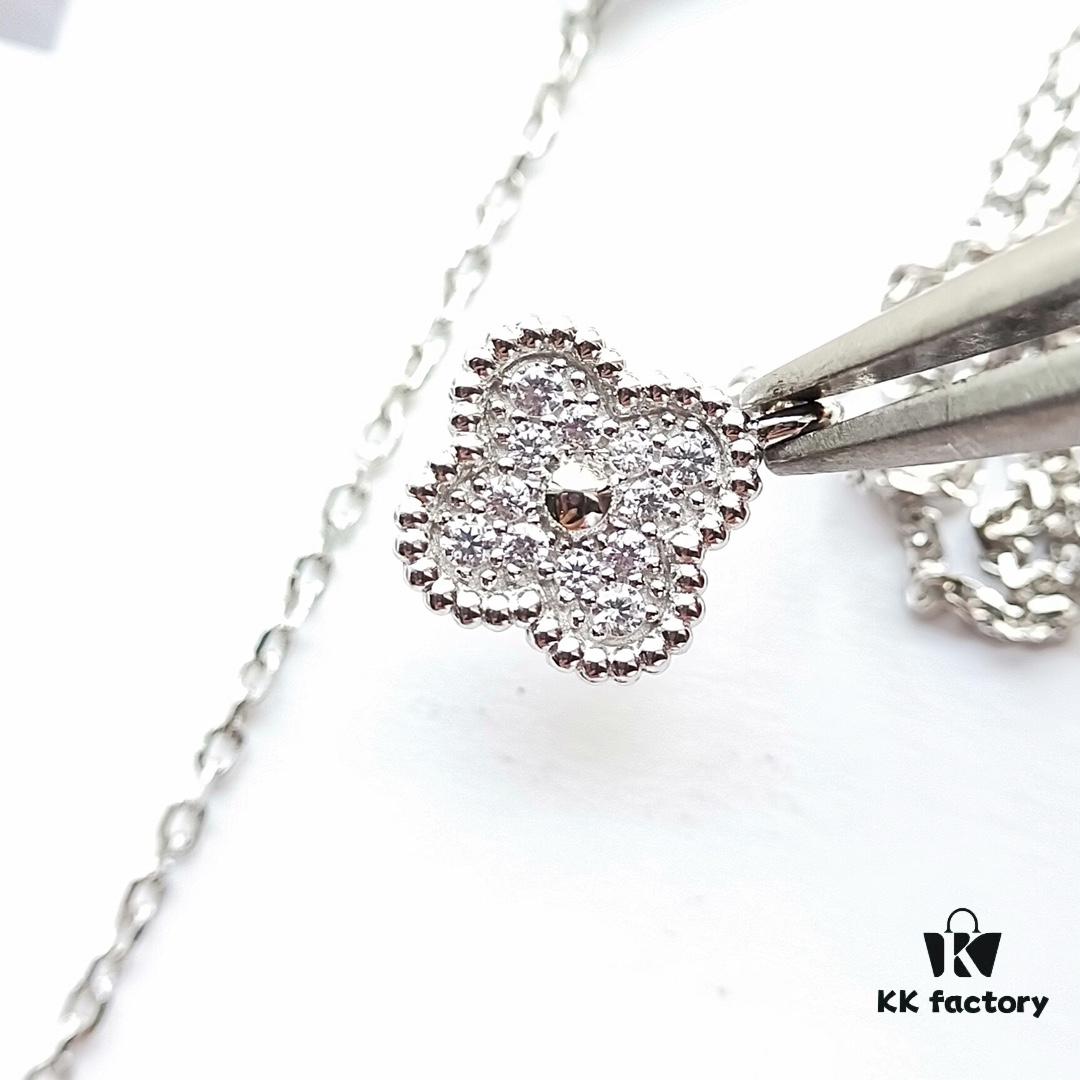 Mini Four-Leaf Clover Full Diamond Set, V Gold Plated Bracelet and Necklace with Single or Six Flowers