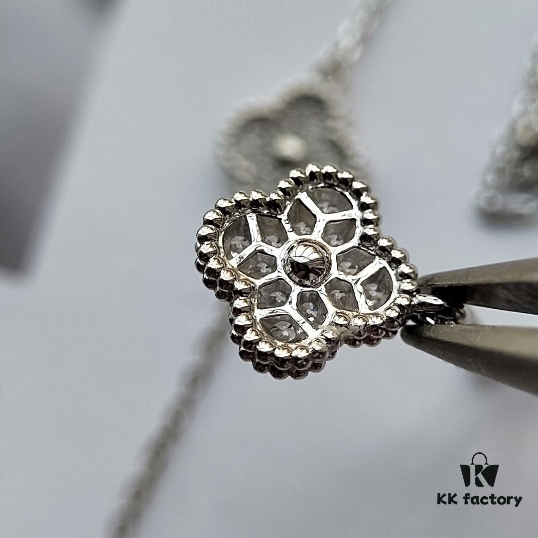 Mini Four-Leaf Clover Full Diamond Set, V Gold Plated Bracelet and Necklace with Single or Six Flowers