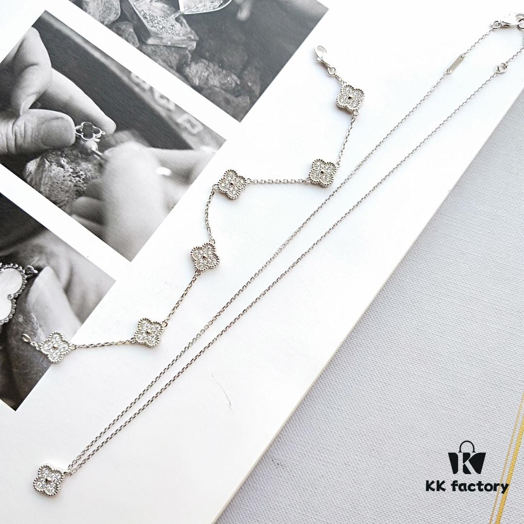 Mini Four-Leaf Clover Full Diamond Bracelet and Necklace in V-Gold and Silver, Single Flower and Six-Flower Designs Available