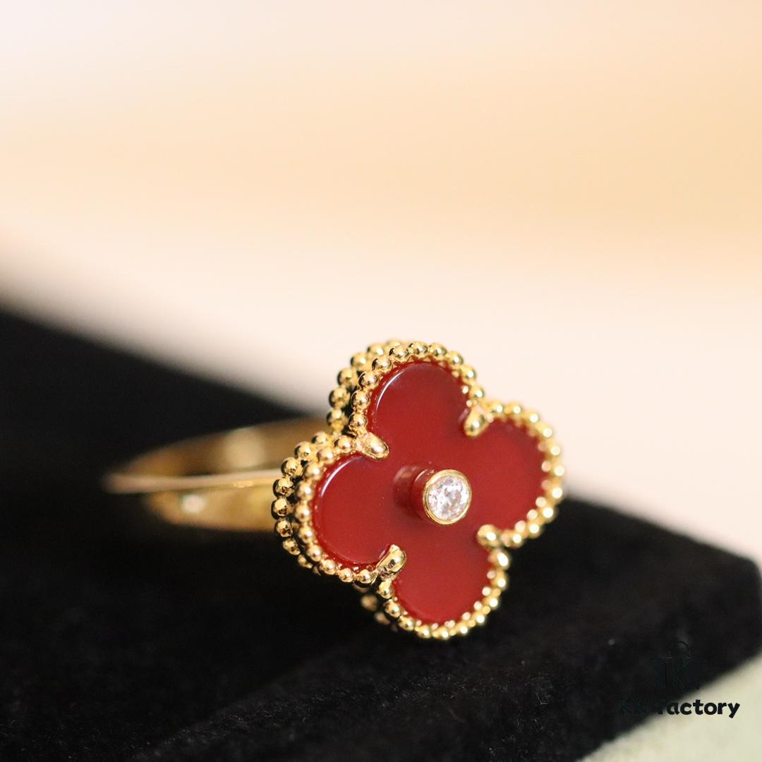 In Stock Now! VC@ Clover Diamond Ring with Red Carnelian, Malachite, Black Onyx, and White Mother of Pearl