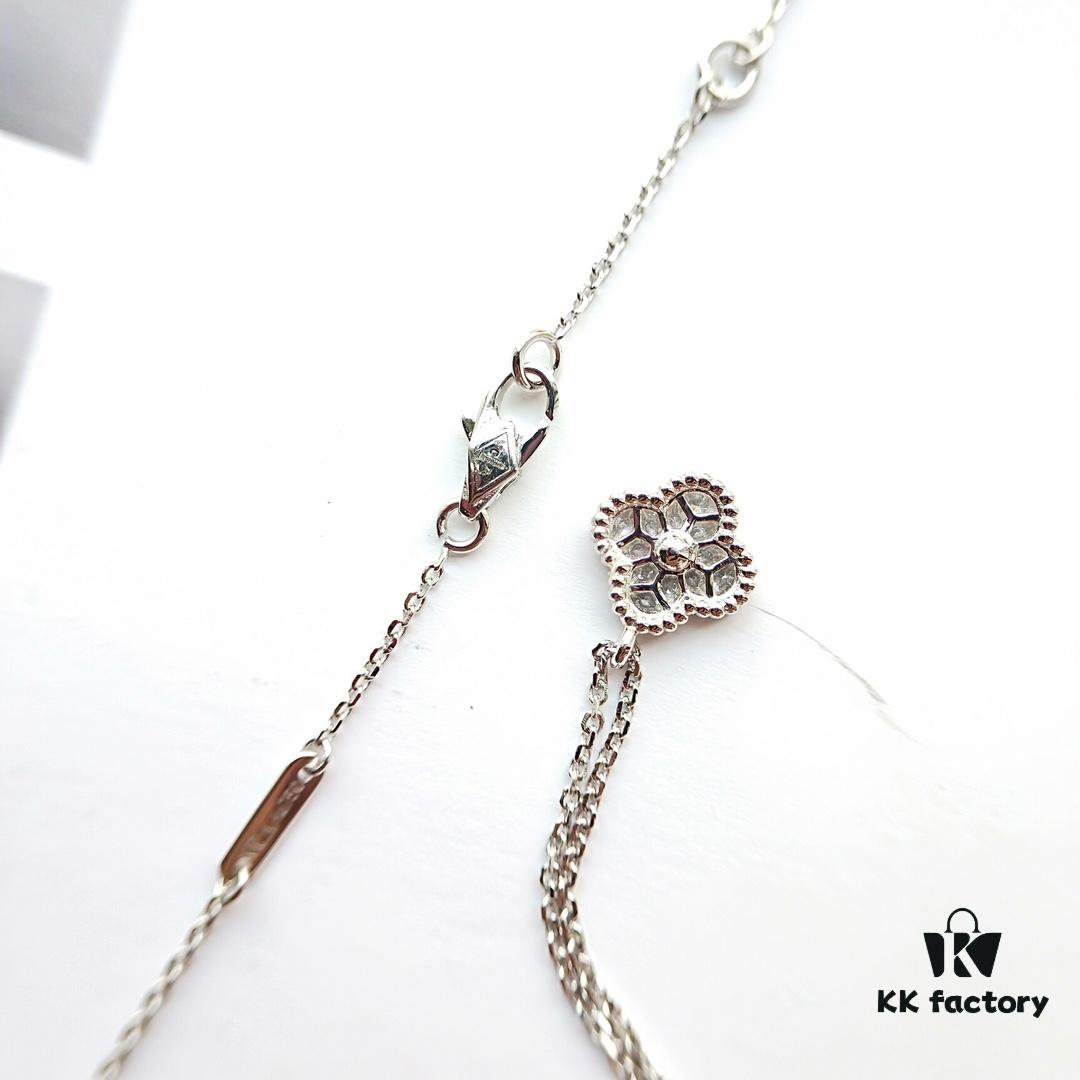 Mini Four-Leaf Clover Full Diamond Set, V Gold Plated Bracelet and Necklace with Single or Six Flowers