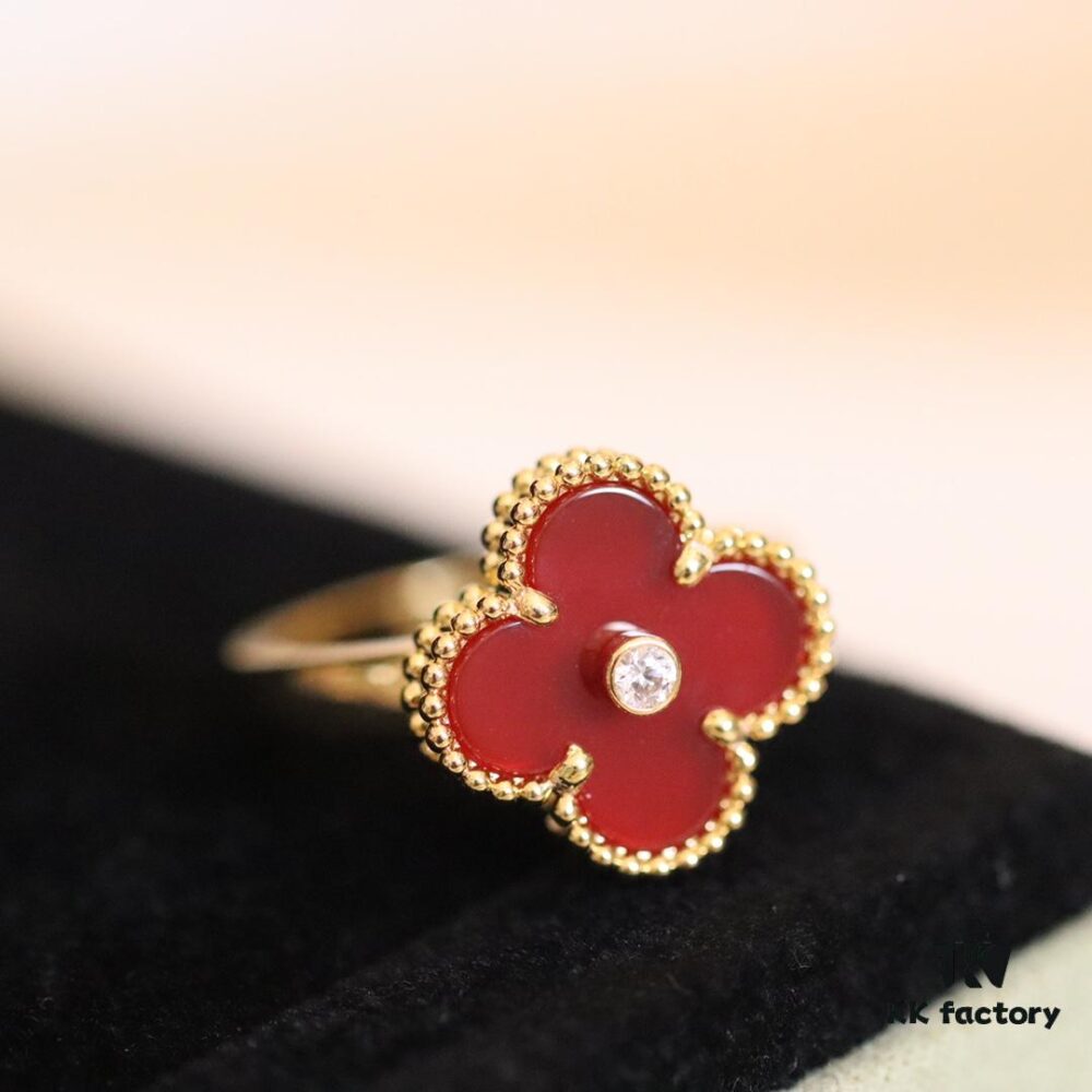 In Stock Now! VC@ Clover Diamond Ring with Red Carnelian, Malachite, Black Onyx, and White Mother of Pearl