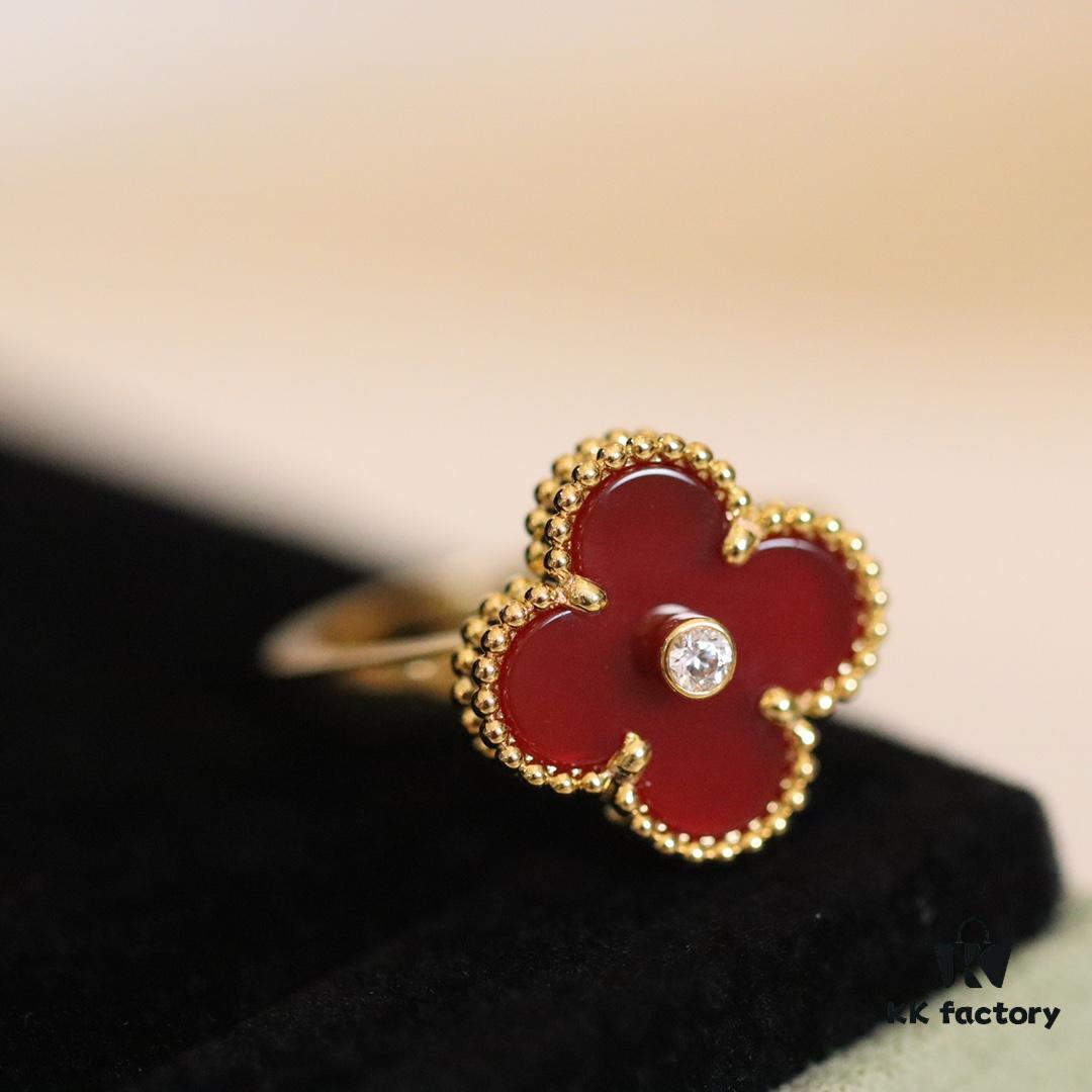 In Stock Now! VC@ Clover Diamond Ring with Red Carnelian, Malachite, Black Onyx, and White Mother of Pearl