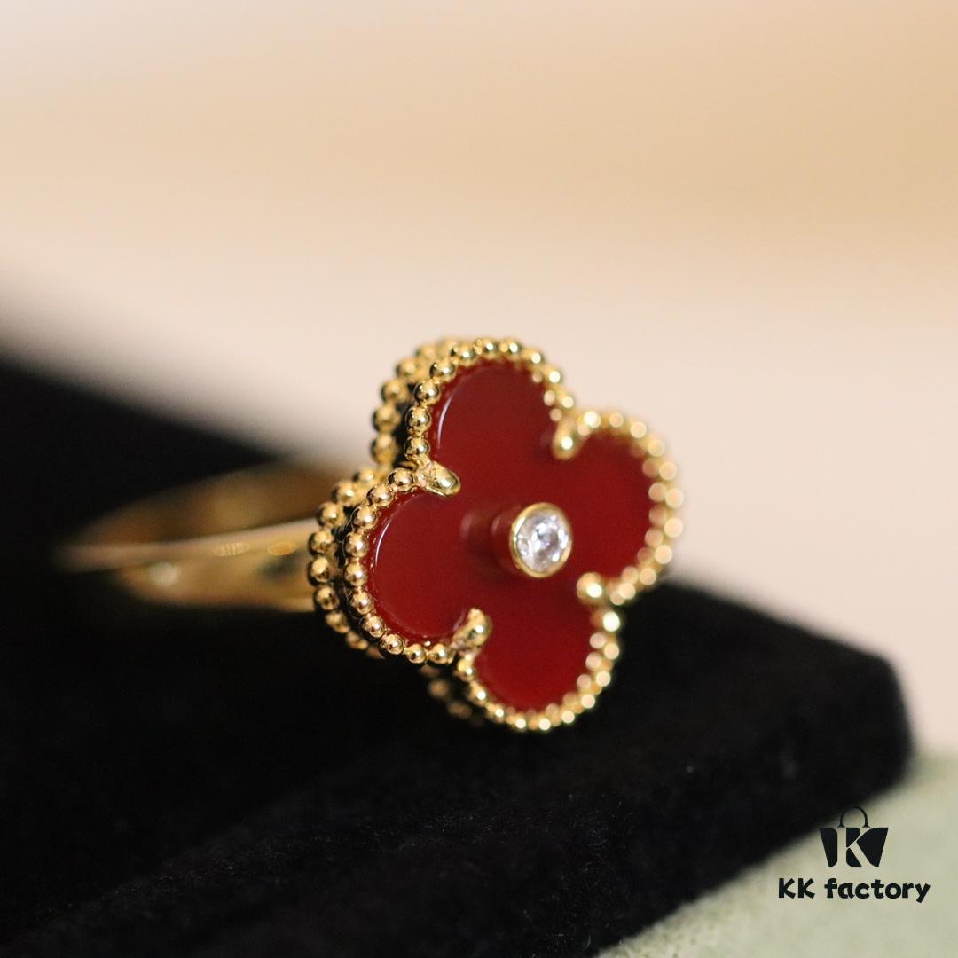 In Stock Now! VC@ Clover Diamond Ring with Red Carnelian, Malachite, Black Onyx, and White Mother of Pearl