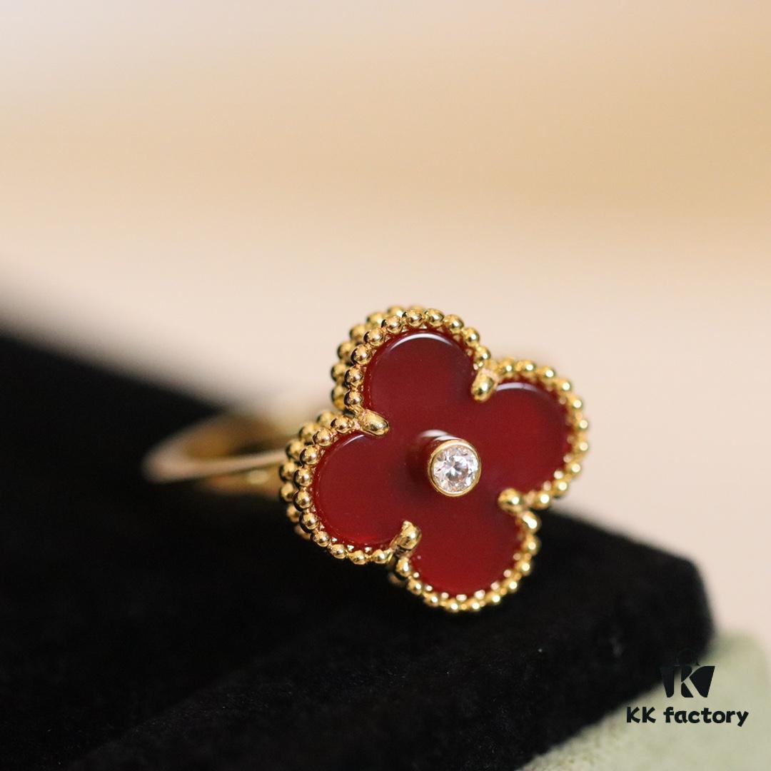 In Stock Now! VC@ Clover Diamond Ring with Red Carnelian, Malachite, Black Onyx, and White Mother of Pearl