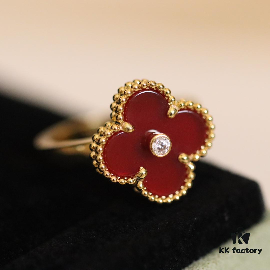 In Stock Now! VC@ Clover Diamond Ring with Red Carnelian, Malachite, Black Onyx, and White Mother of Pearl