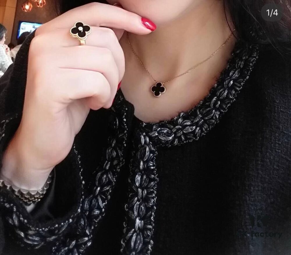 Clover Ring Inspired by Spring Rain, Featuring Yellow Gold Beaded Edge with Red Carnelian, Black Onyx, and White Mother-of-Pearl