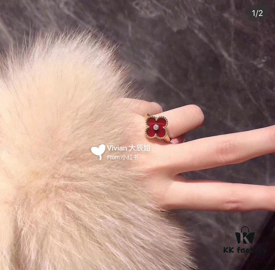 Clover Ring Inspired by Spring Rain, Featuring Yellow Gold Beaded Edge with Red Carnelian, Black Onyx, and White Mother-of-Pearl