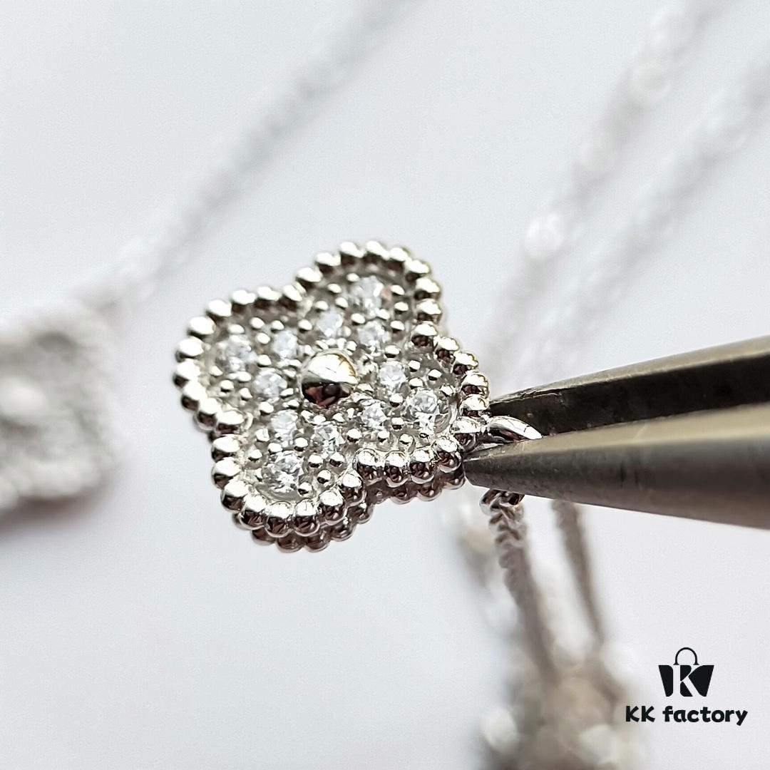 Mini Four-Leaf Clover Full Diamond Bracelet and Necklace in V-Gold and Silver, Single Flower and Six-Flower Designs Available