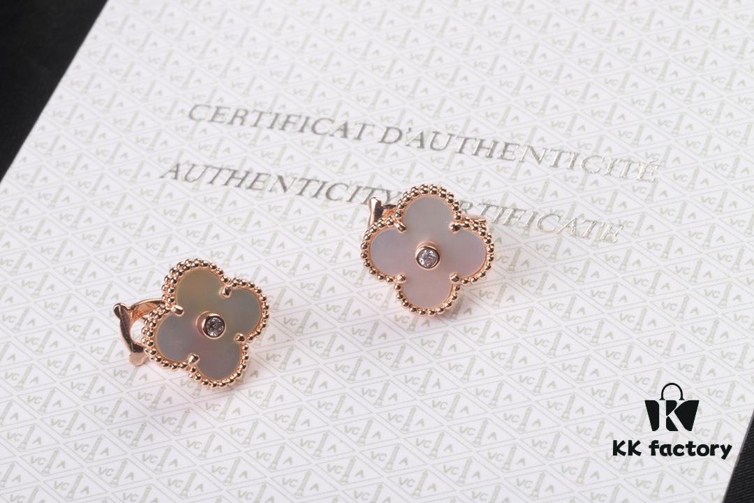 VCA New Version Rose Gold Natural Peacock Green White Shell Gray Shell Black Onyx Red Onyx Diamond-Studded Ear Clips, Market High-End Limited Edition 1:1 Premium Custom 925 Sterling Silver VCA Van Cleef & Arpels Clove Leaf Store Exclusive Tourist Essential Must-Have Original Lobster Clasp Top Quality