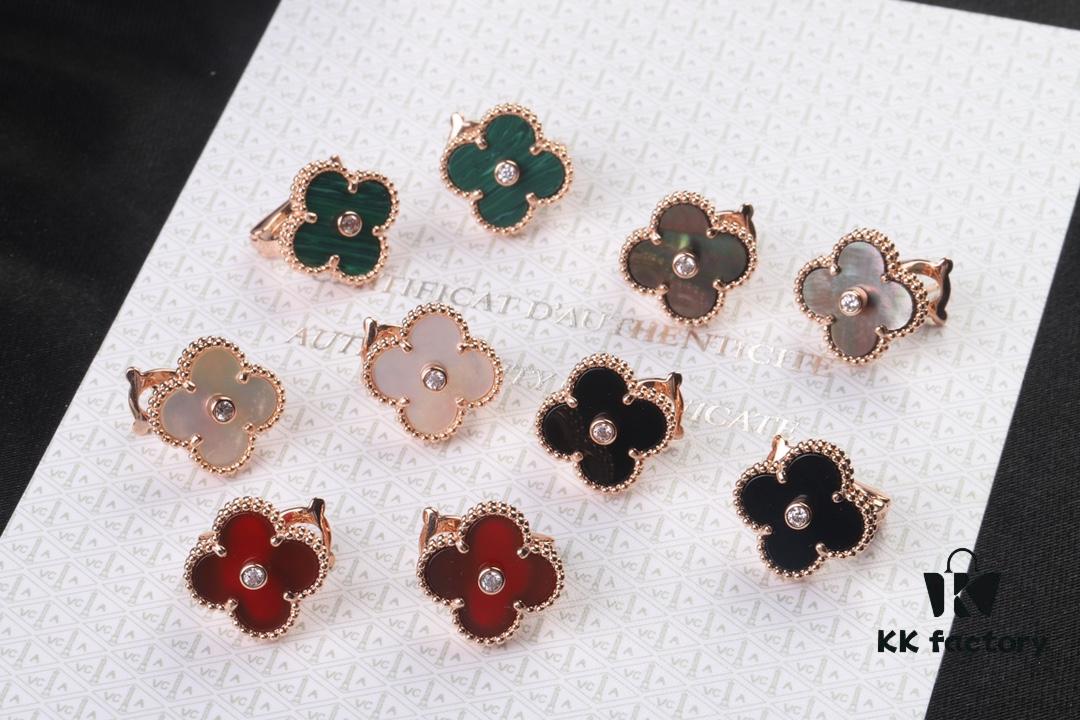 VCA New Version Rose Gold Natural Peacock Green White Shell Gray Shell Black Onyx Red Onyx Diamond-Studded Ear Clips, Market High-End Limited Edition 1:1 Premium Custom 925 Sterling Silver VCA Van Cleef & Arpels Clove Leaf Store Exclusive Tourist Essential Must-Have Original Lobster Clasp Top Quality