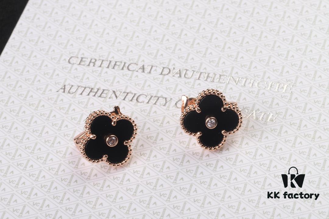 VCA New Version Rose Gold Natural Peacock Green White Shell Gray Shell Black Onyx Red Onyx Diamond-Studded Ear Clips, Market High-End Limited Edition 1:1 Premium Custom 925 Sterling Silver VCA Van Cleef & Arpels Clove Leaf Store Exclusive Tourist Essential Must-Have Original Lobster Clasp Top Quality