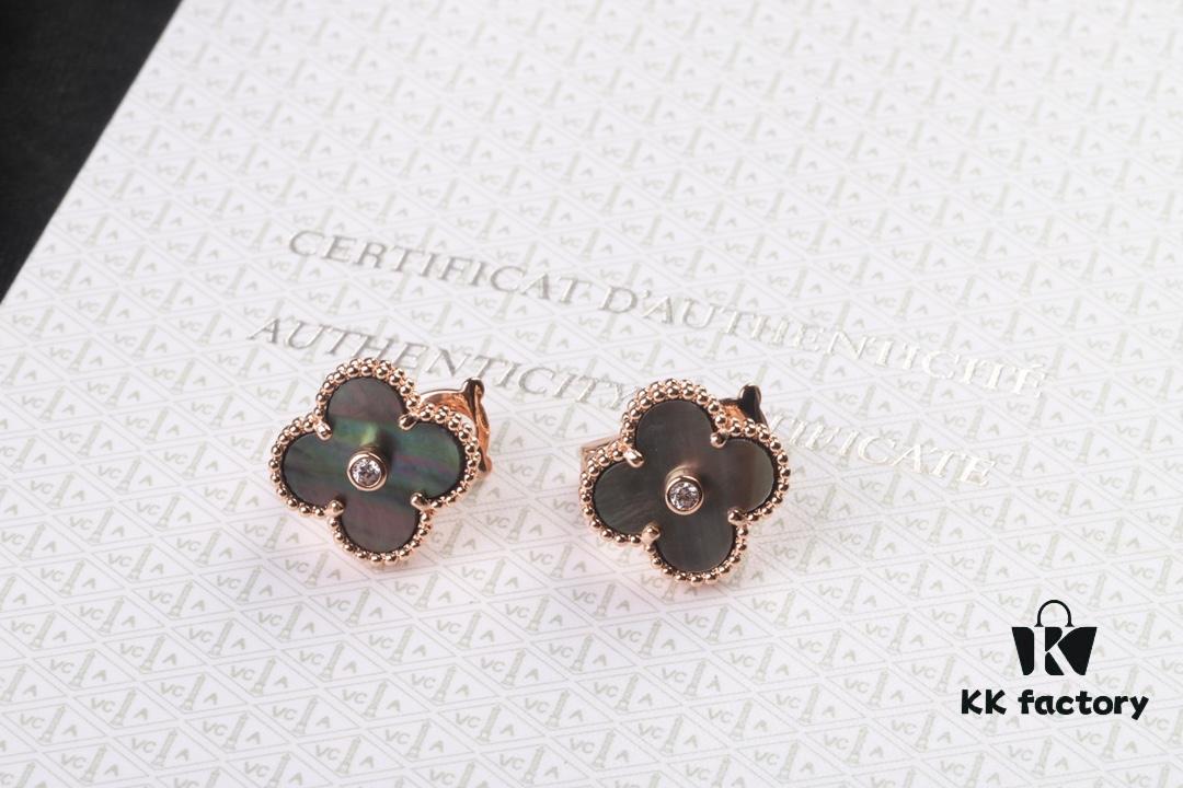 VCA New Version Rose Gold Natural Peacock Green White Shell Gray Shell Black Onyx Red Onyx Diamond-Studded Ear Clips, Market High-End Limited Edition 1:1 Premium Custom 925 Sterling Silver VCA Van Cleef & Arpels Clove Leaf Store Exclusive Tourist Essential Must-Have Original Lobster Clasp Top Quality