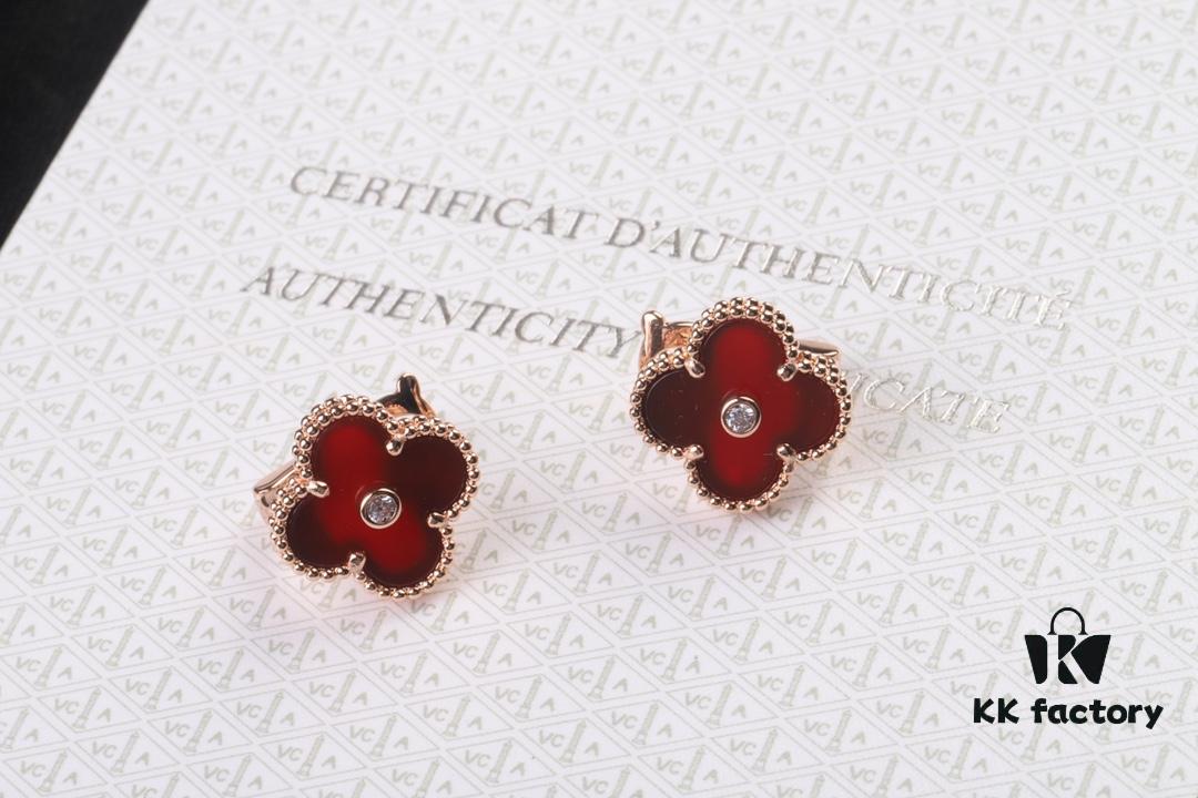 VCA New Version Rose Gold Natural Peacock Green White Shell Gray Shell Black Onyx Red Onyx Diamond-Studded Ear Clips, Market High-End Limited Edition 1:1 Premium Custom 925 Sterling Silver VCA Van Cleef & Arpels Clove Leaf Store Exclusive Tourist Essential Must-Have Original Lobster Clasp Top Quality
