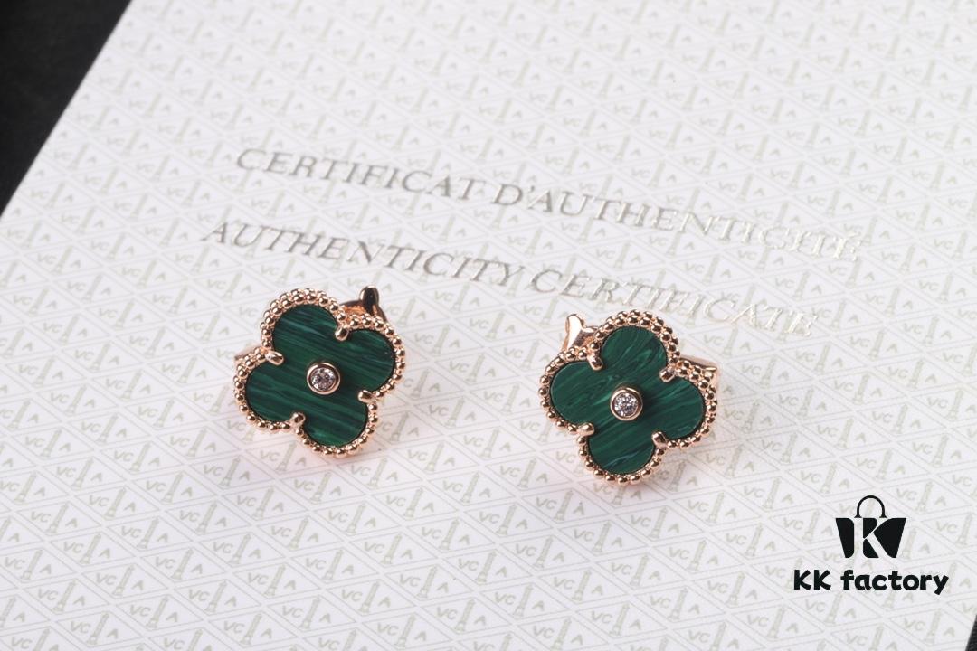 VCA New Version Rose Gold Natural Peacock Green White Shell Gray Shell Black Onyx Red Onyx Diamond-Studded Ear Clips, Market High-End Limited Edition 1:1 Premium Custom 925 Sterling Silver VCA Van Cleef & Arpels Clove Leaf Store Exclusive Tourist Essential Must-Have Original Lobster Clasp Top Quality