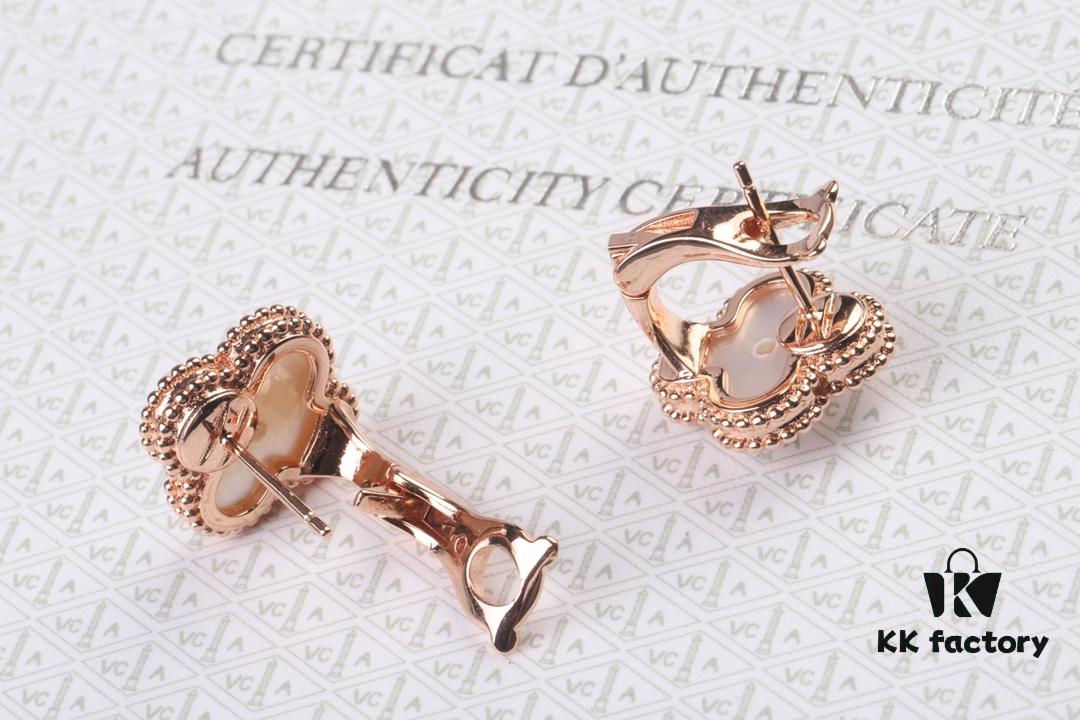 VCA New Version Rose Gold Natural Peacock Green White Shell Gray Shell Black Onyx Red Onyx Diamond-Studded Ear Clips, Market High-End Limited Edition 1:1 Premium Custom 925 Sterling Silver VCA Van Cleef & Arpels Clove Leaf Store Exclusive Tourist Essential Must-Have Original Lobster Clasp Top Quality