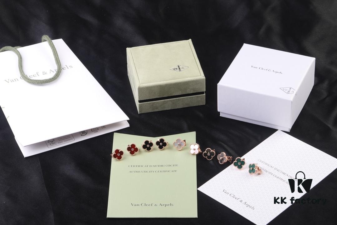 VCA New Version Rose Gold Natural Peacock Green White Shell Gray Shell Black Onyx Red Onyx Diamond-Studded Ear Clips, Market High-End Limited Edition 1:1 Premium Custom 925 Sterling Silver VCA Van Cleef & Arpels Clove Leaf Store Exclusive Tourist Essential Must-Have Original Lobster Clasp Top Quality