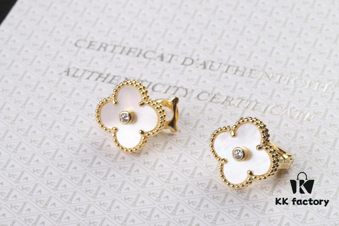 VCA New Version Yellow Gold Natural Peacock Green White Shell Gray Shell Black Onyx Red Onyx Diamond-Studded Ear Cuffs Limited Edition High-End Custom 925 Sterling Silver VCA Van Cleef & Arpels Clover Leaf Lobster Clasp Tour Exclusive Must-Have