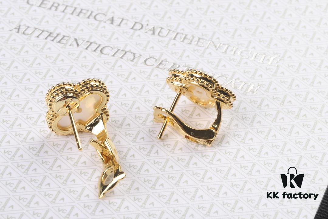 VCA New Version Yellow Gold Natural Peacock Green White Shell Gray Shell Black Onyx Red Onyx Diamond-Studded Ear Cuffs Limited Edition High-End Custom 925 Sterling Silver VCA Van Cleef & Arpels Clover Leaf Lobster Clasp Tour Exclusive Must-Have