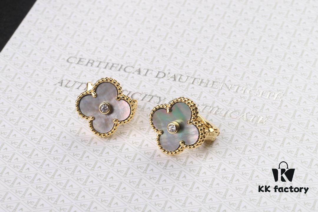 VCA New Version Yellow Gold Natural Peacock Green White Shell Gray Shell Black Onyx Red Onyx Diamond-Studded Ear Cuffs Limited Edition High-End Custom 925 Sterling Silver VCA Van Cleef & Arpels Clover Leaf Lobster Clasp Tour Exclusive Must-Have