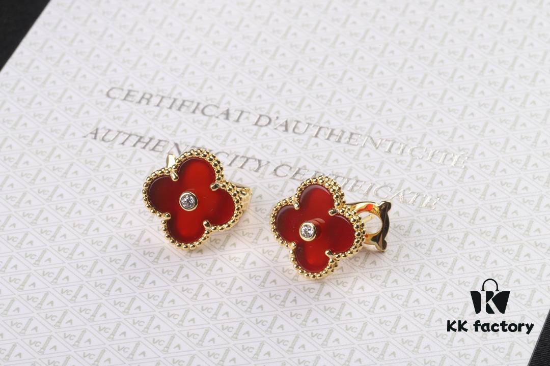 VCA New Version Yellow Gold Natural Peacock Green White Shell Gray Shell Black Onyx Red Onyx Diamond-Studded Ear Cuffs Limited Edition High-End Custom 925 Sterling Silver VCA Van Cleef & Arpels Clover Leaf Lobster Clasp Tour Exclusive Must-Have