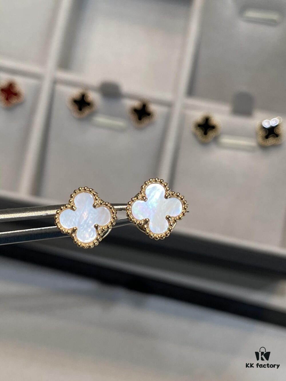 Mini Clover Stud Earrings in Gold and White, Precision-Crafted with Smooth Finish and Seamless Stone Setting