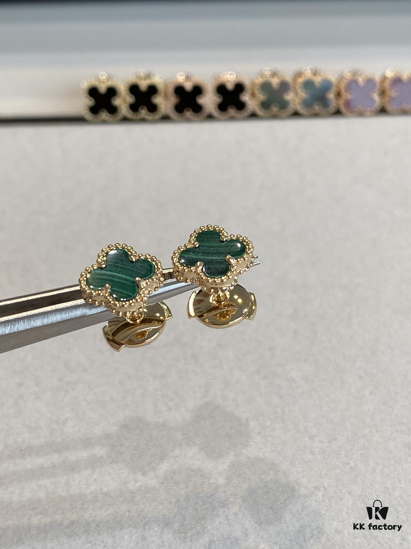 Mini Four-Leaf Clover Earrings, Gold-Tone with Natural Malachite