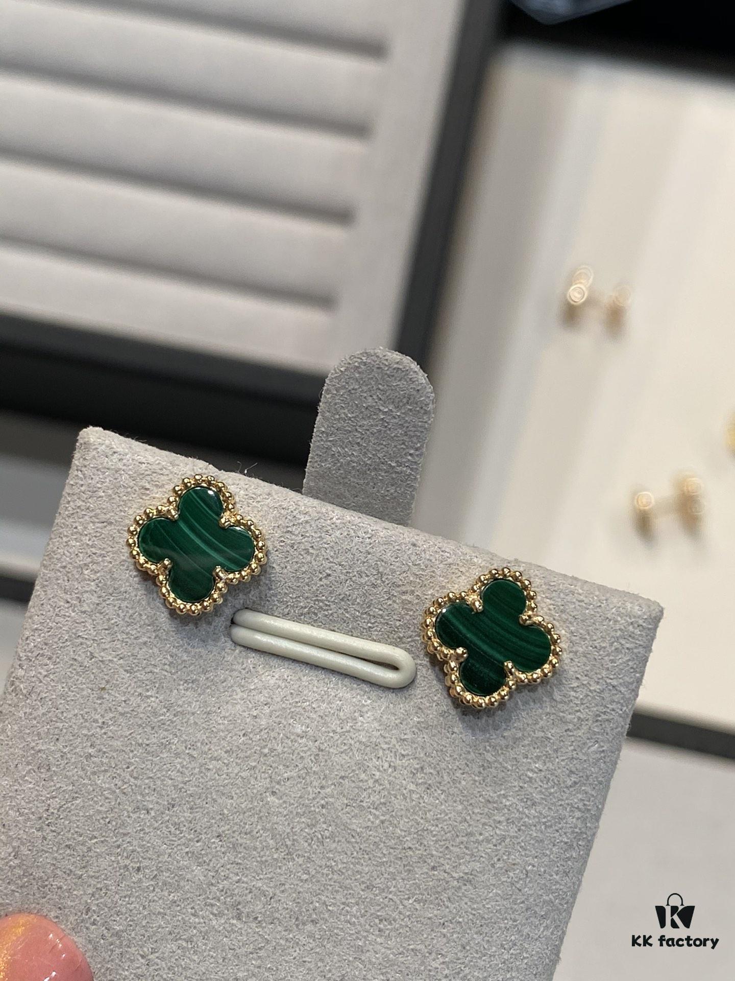 Mini Four-Leaf Clover Earrings, Gold-Tone with Natural Malachite
