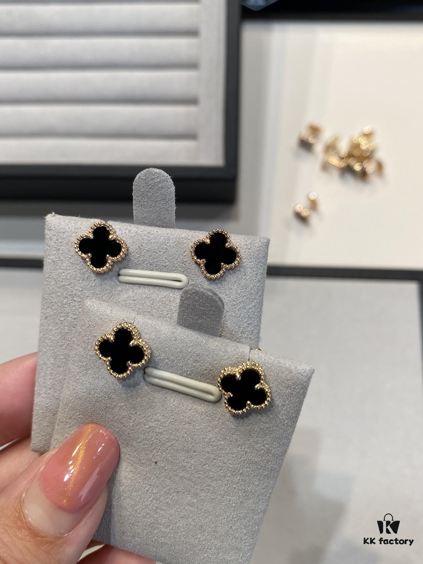 Mini Four-Leaf Clover Earrings, Black with Gold and Rose Gold Accents