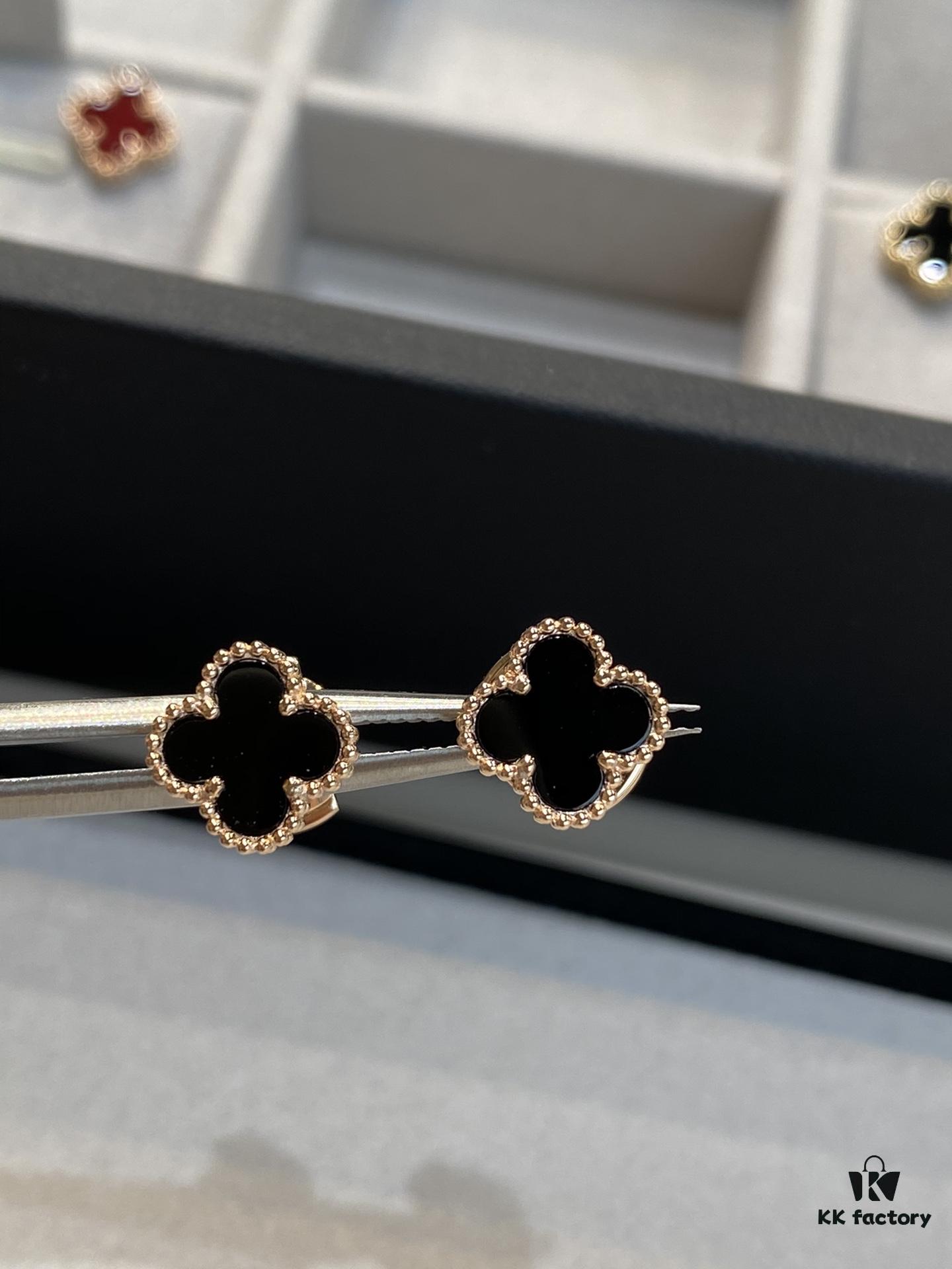 Mini Four-Leaf Clover Earrings, Black with Gold and Rose Gold Accents