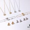 VCA Little Petal Full Diamond Necklace, Bracelet, and Stud Earrings