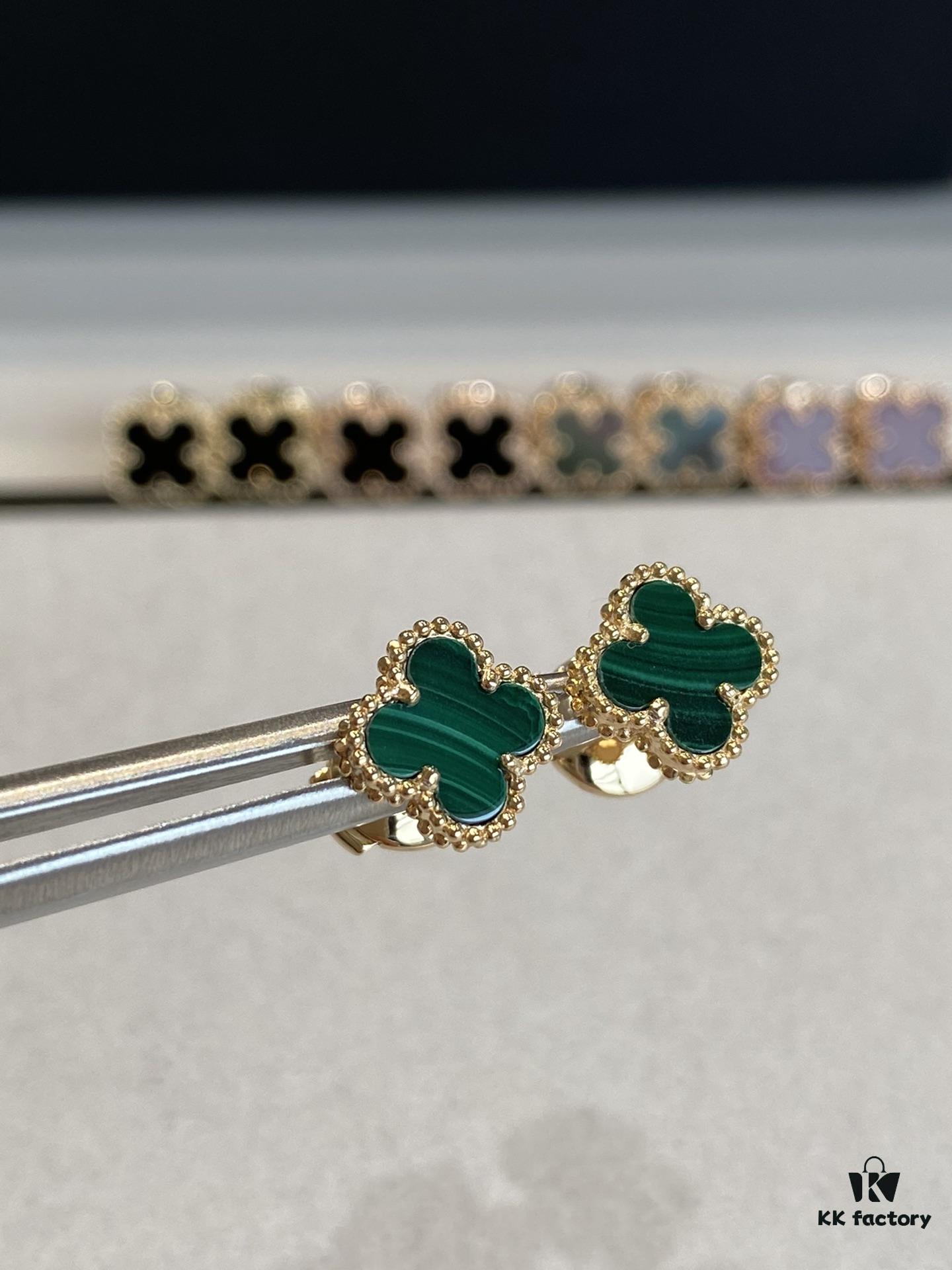 Mini Four-Leaf Clover Earrings, Gold-Tone with Natural Malachite