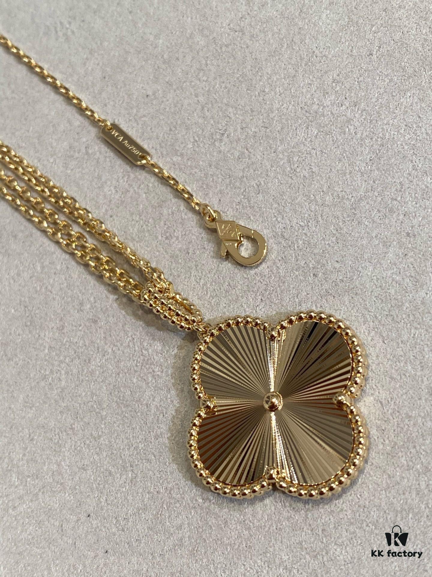 VCA New Double-Sided Guilloche Engraved Clover Long Necklace in Gold