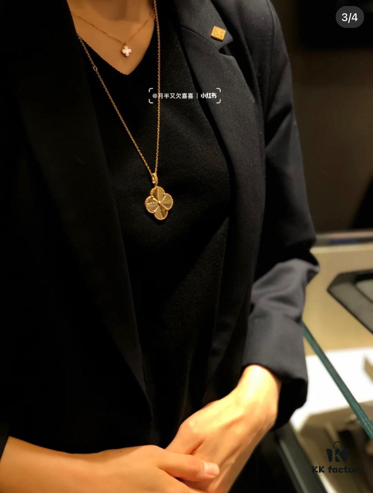 VCA New Double-Sided Guilloche Engraved Clover Long Necklace in Gold