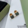 Upgraded Version ZP Open V Gold Plated with Mimi Gold, Long-Lasting Color Retention - VCA Van Cleef & Arpels Mini Natural Malachite Four-Leaf Clover Stud Earrings with Original Saucer Backs