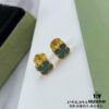 Upgraded Version ZP Open V Gold Plated with Mimi Gold, Long-Lasting Color Retention - VCA Van Cleef & Arpels Mini Natural Malachite Four-Leaf Clover Stud Earrings with Original Saucer Backs
