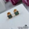 Upgraded Version ZP Open V Gold Plated with Mimi Gold, Long-Lasting Color Retention - VCA Van Cleef & Arpels Mini Natural Malachite Four-Leaf Clover Stud Earrings with Original Saucer Backs