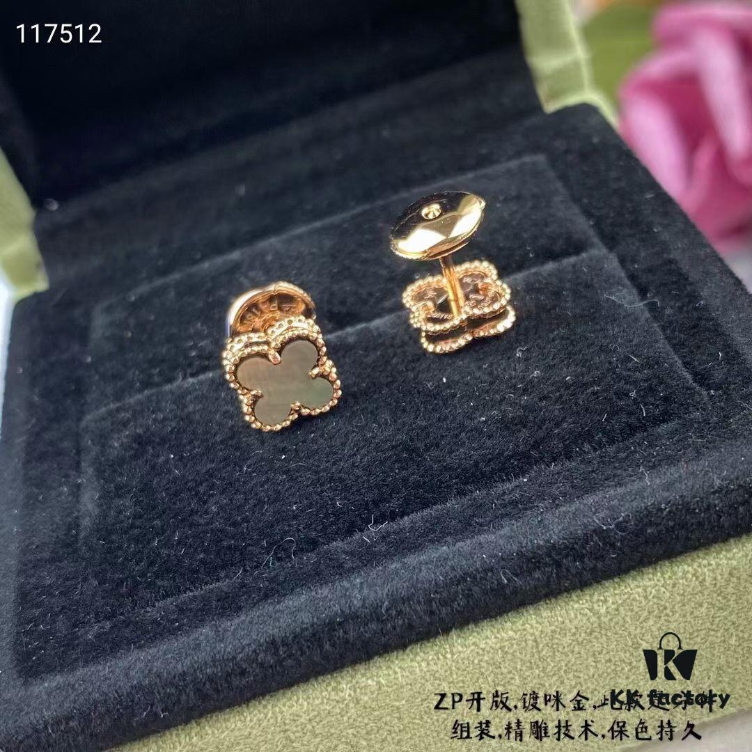 ZP Updated Version V Gold Plated with Mimi Gold, Long-Lasting Color - VCA Clovers & Arpels Mini Natural Gray Shell Four-Leaf Clover Stud Earrings with Original Saucer Backs