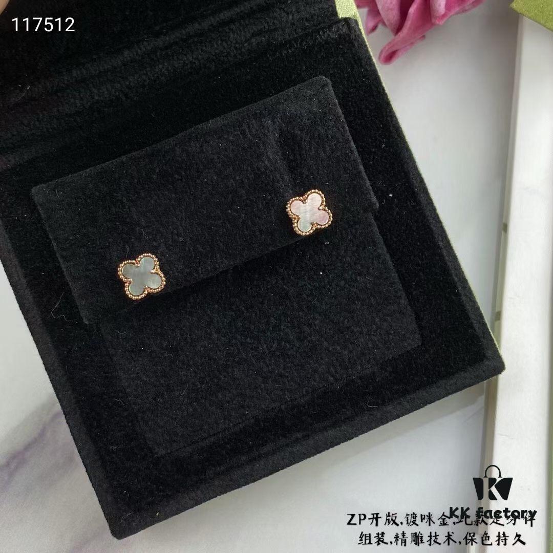 ZP Updated Version V Gold Plated with Mimi Gold, Long-Lasting Color - VCA Clovers & Arpels Mini Natural Gray Shell Four-Leaf Clover Stud Earrings with Original Saucer Backs