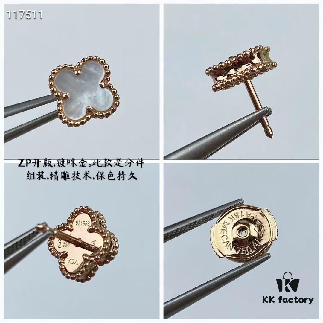 Newly Upgraded Version ZP Open Edition V Gold Plated with Mi Gold, Long-Lasting Color Retention ❤ This Piece Features Separate Components Assembly and Precision Carving Technology. 😊😊 VCA Clovis & Arpels Miniature Luxury White Mother-of-Pearl Four-Leaf Clover Stud Earrings Paired with Original-Style Saucer Backs 🍀 Exceptionally Charming, Enhances Fair Skin Tone, Highly Versatile for Any Occasion, Perfect for Sisters' Gatherings, Adds Extra Prestige