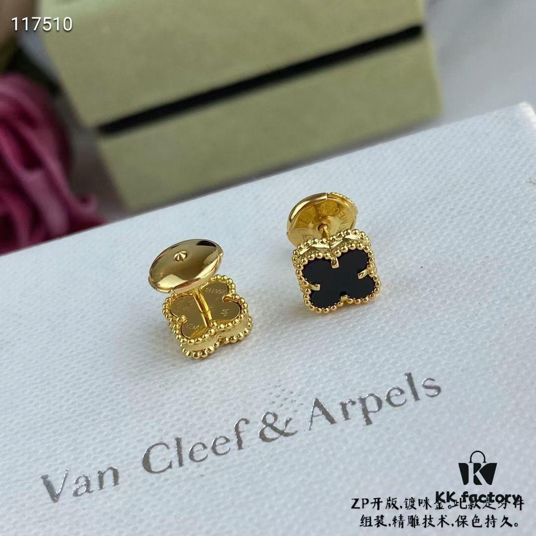VCA Clovers Mini Black Onyx Earrings with Flying Saucer Backs, ZP Gold Plated V Gold Upgrade Version