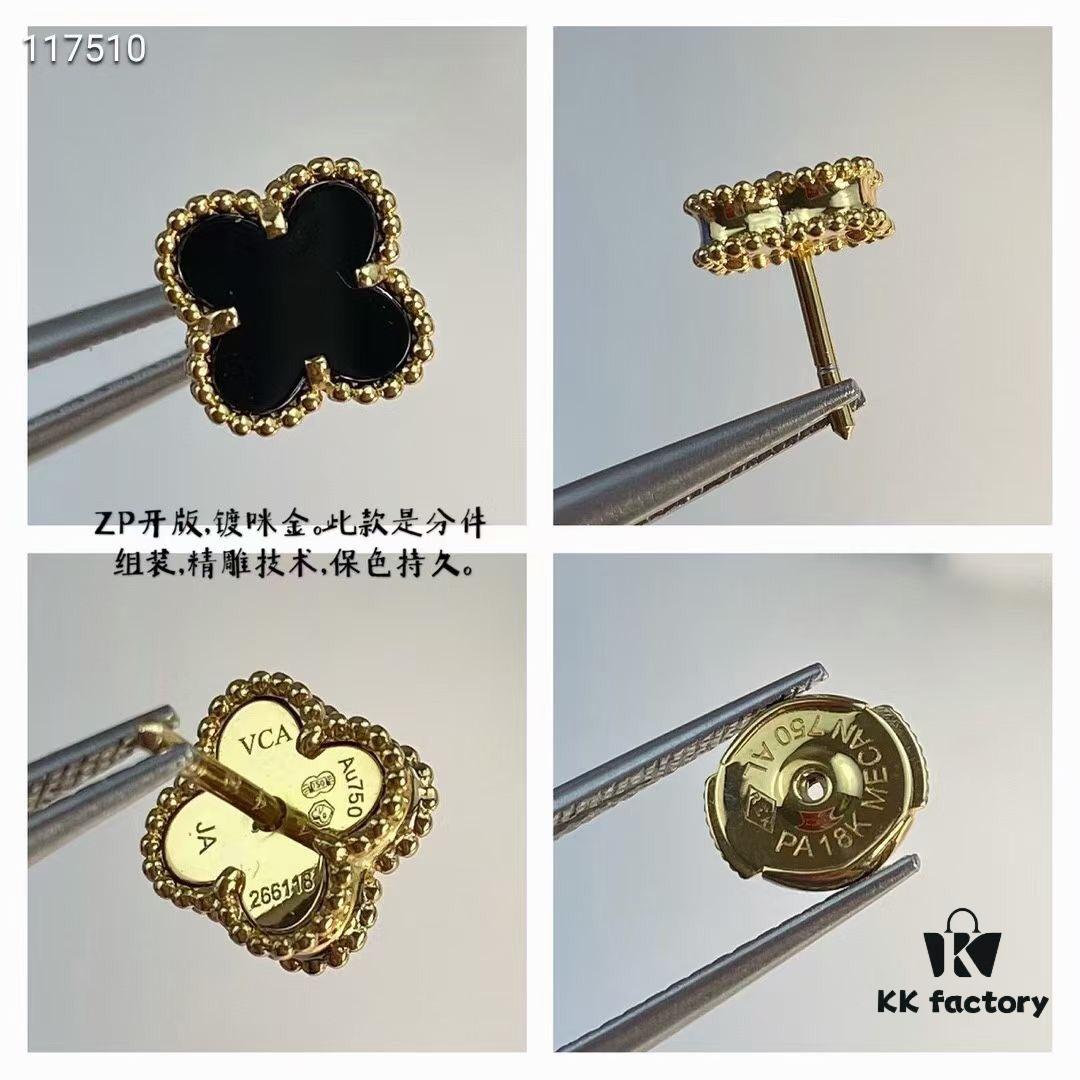 VCA Clovers Mini Black Onyx Earrings with Flying Saucer Backs, ZP Gold Plated V Gold Upgrade Version