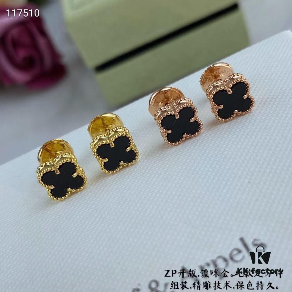 VCA Clovers Mini Black Onyx Earrings with Flying Saucer Backs, ZP Gold Plated V Gold Upgrade Version