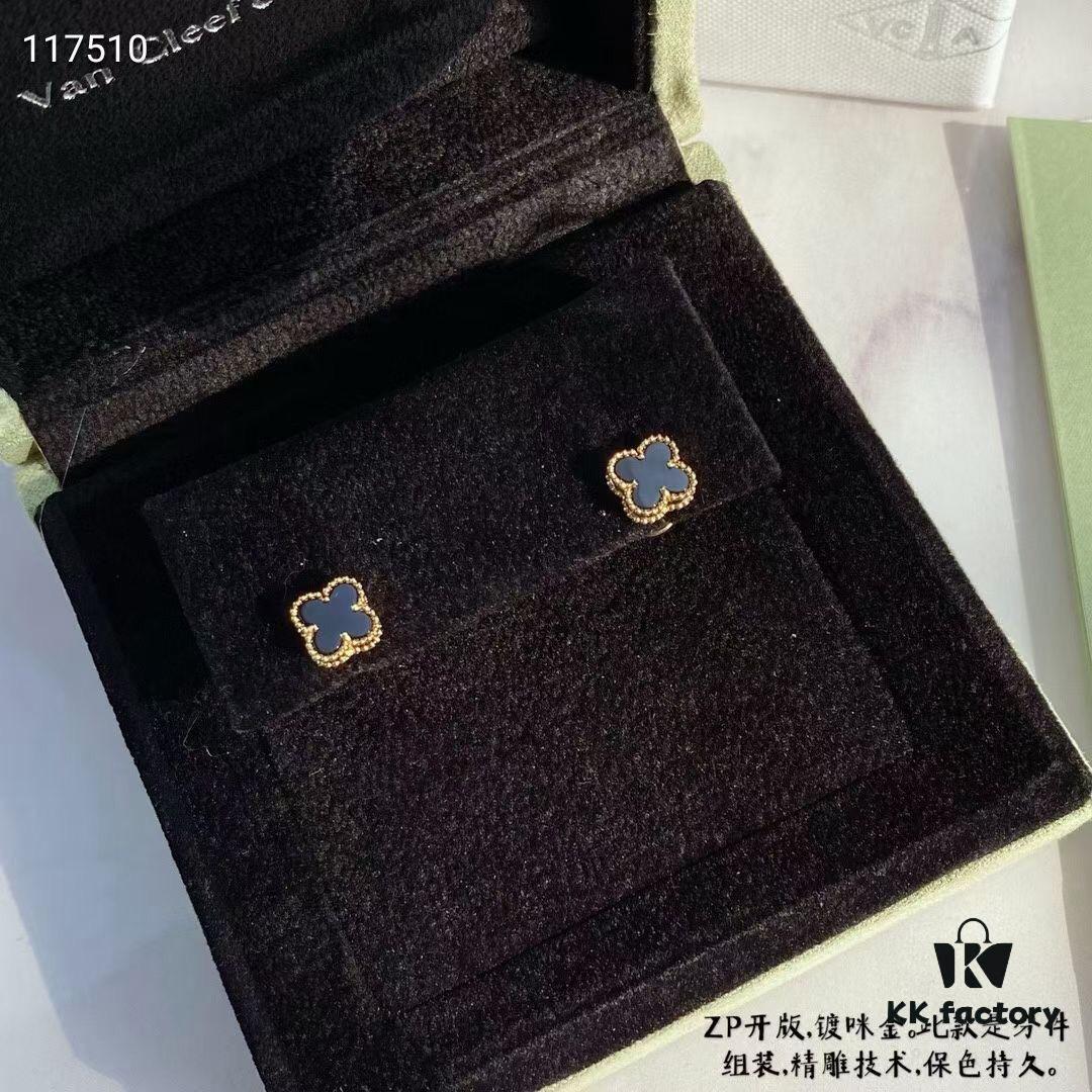 VCA Clovers Mini Black Onyx Earrings with Flying Saucer Backs, ZP Gold Plated V Gold Upgrade Version