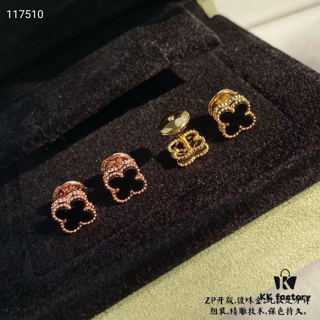 VCA Clovers Mini Black Onyx Earrings with Flying Saucer Backs, ZP Gold Plated V Gold Upgrade Version