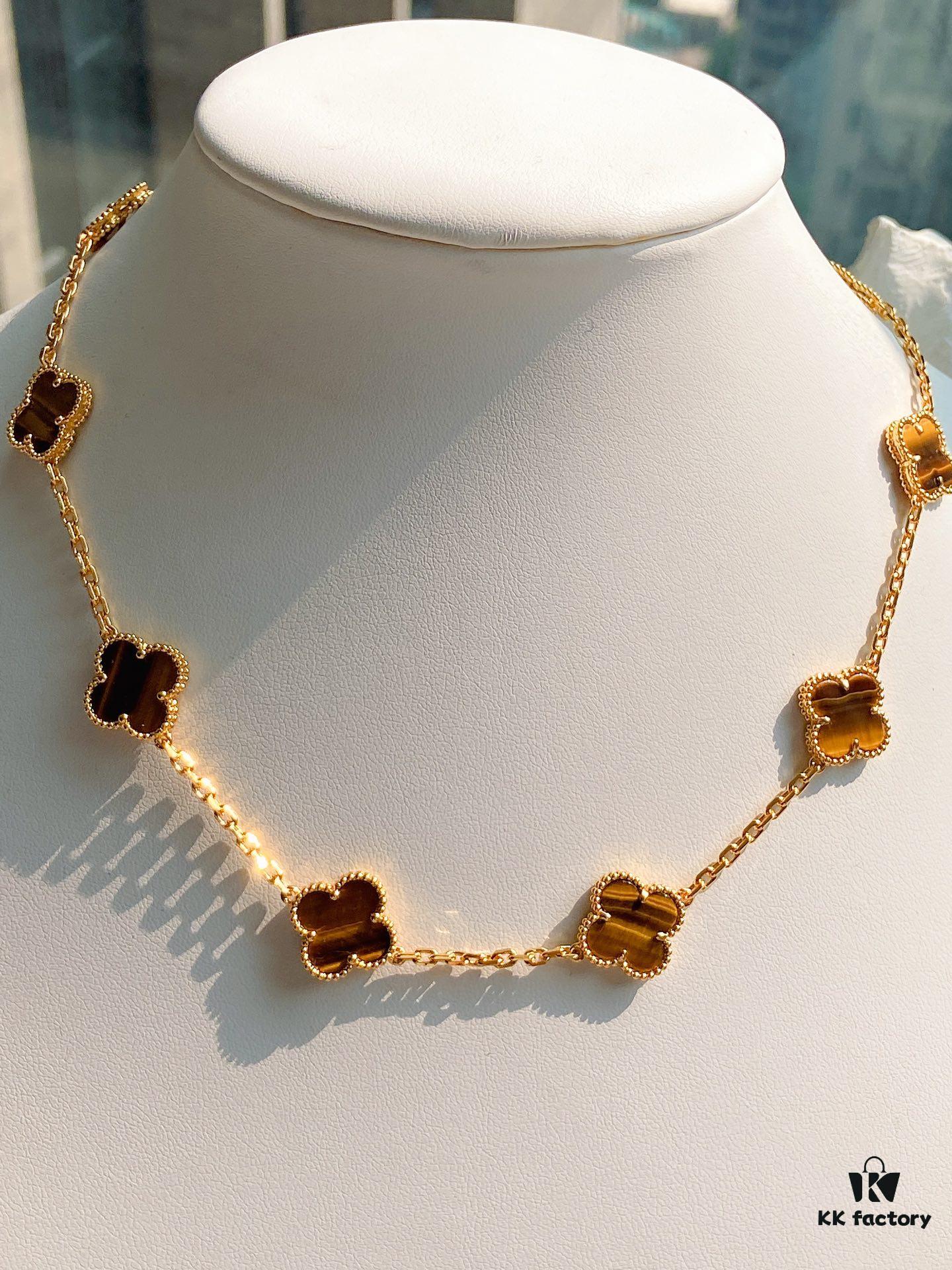 VCA Alhumbra Vintage Ten-Flower Yellow Gold Tiger's Eye Necklace