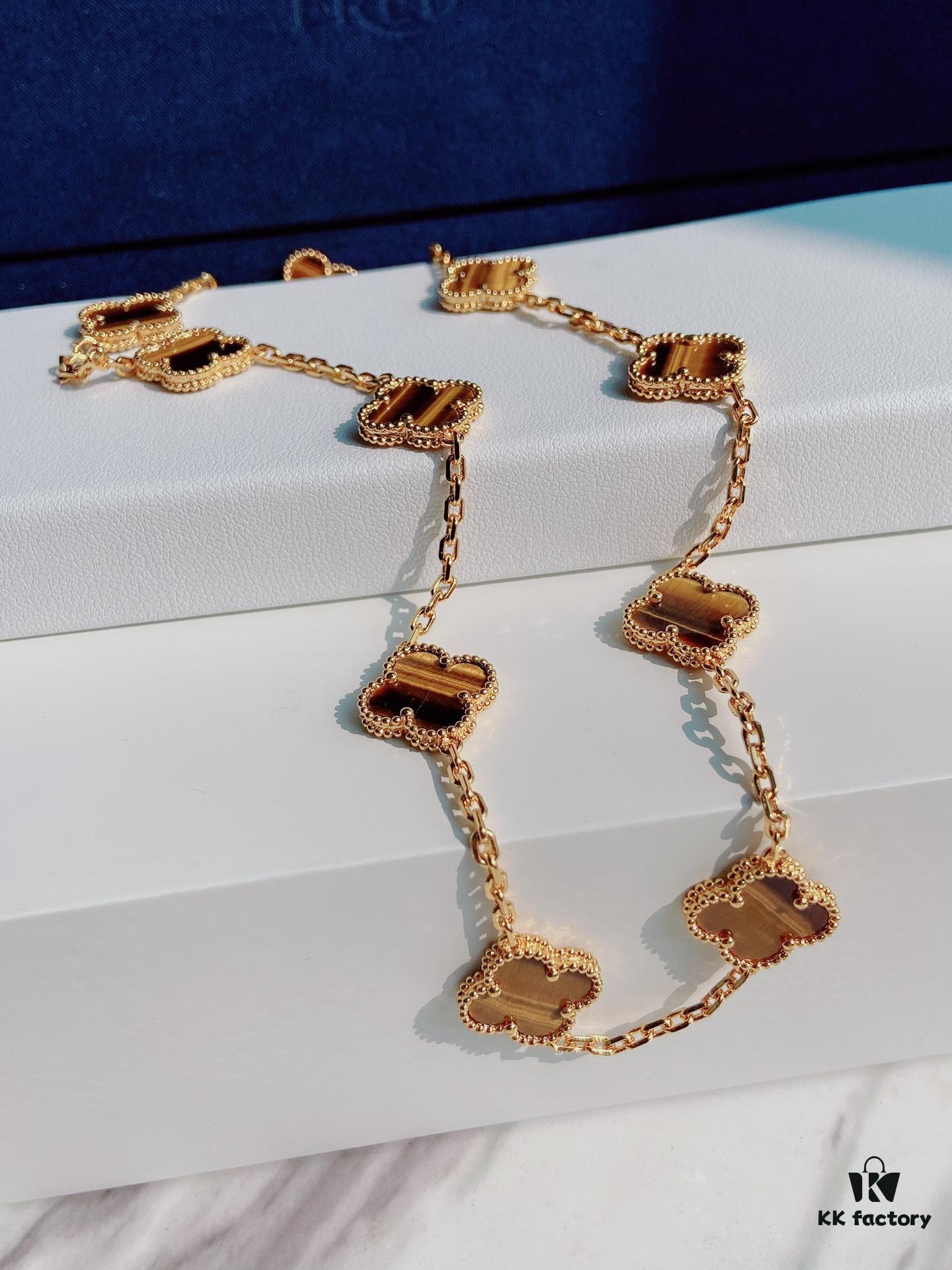 VCA Alhumbra Vintage Ten-Flower Yellow Gold Tiger's Eye Necklace