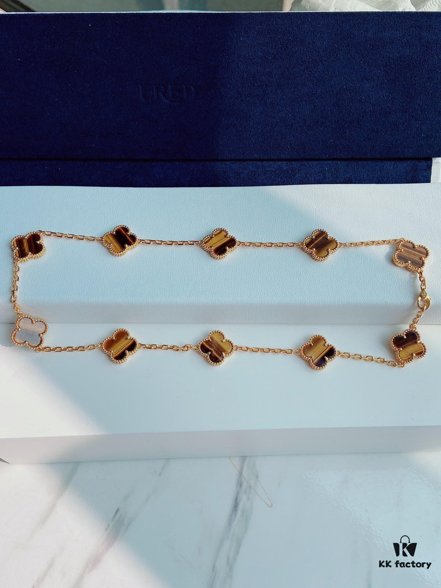 VCA Alhumbra Vintage Ten-Flower Yellow Gold Tiger's Eye Necklace