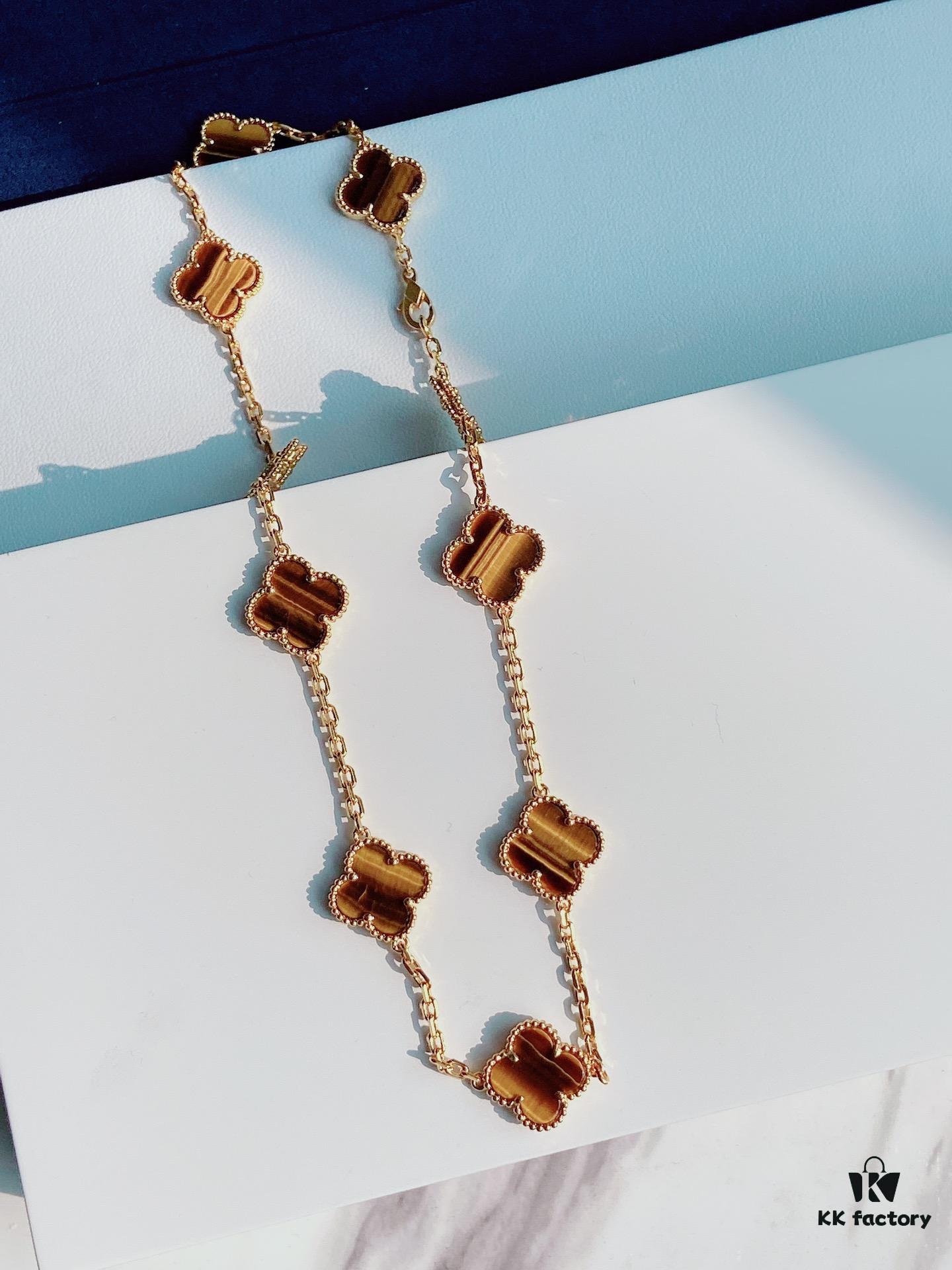 VCA Alhumbra Vintage Ten-Flower Yellow Gold Tiger's Eye Necklace